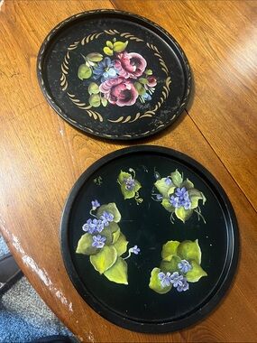Vintage Hand-Painted Toleware Trays - Green & Purple Accents